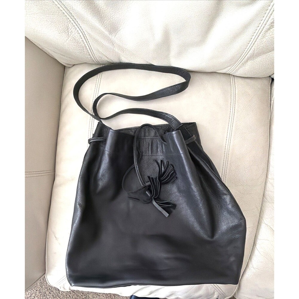 Leather Bucket Bag Handcrafted in USA Black The Podolls Drawstring Hobo Western - Picture 16 of 16